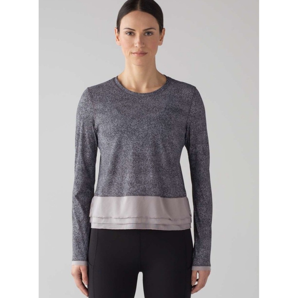 Lululemon Long Sleeve Top Womens 4 Black White Excellent Layered Mesh Hem Tiered